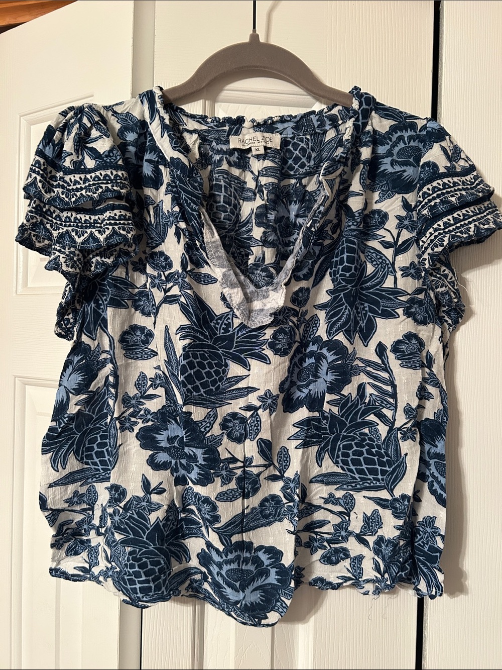 Rachel Zoe Navy and White Floral Ruffle Sleeve Blouse